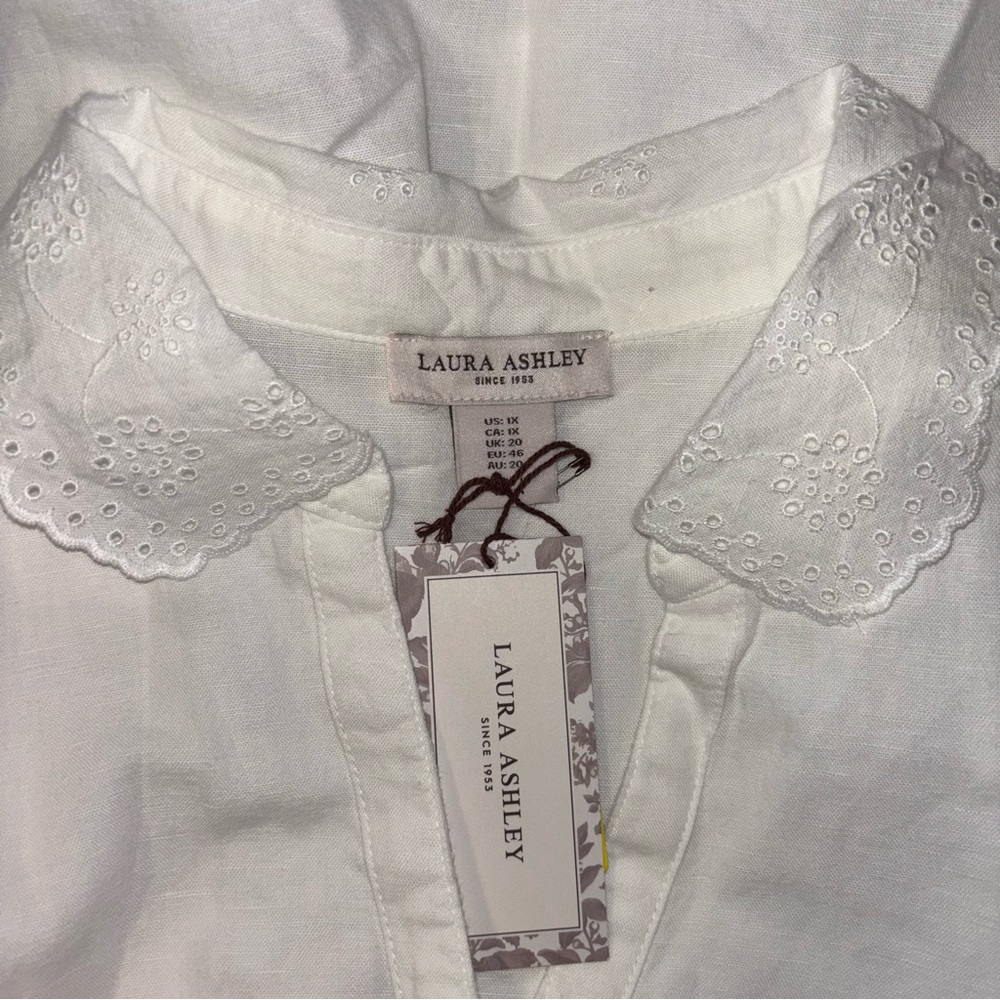 Laura Ashley Blouse Linen Cotton Blend Button Front Long Sleeve Eyelet Collar 1X - Picture 9 of 13